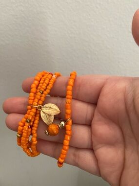 Orange Beaded Leaf Charm Wrap Bracelet - Women Jewelry